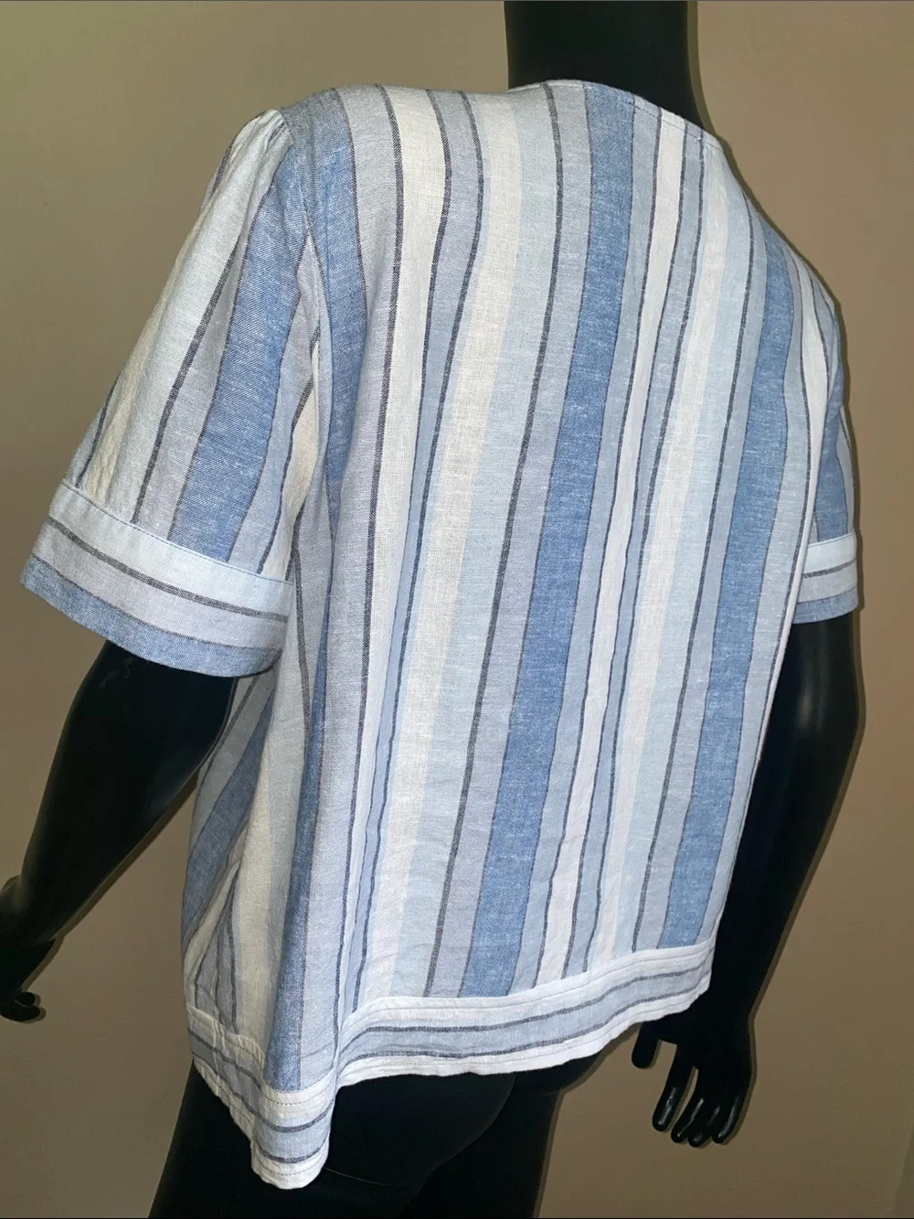 Michael Kors Blue and White Striped Tie-Front Button Linen Blend Blouse